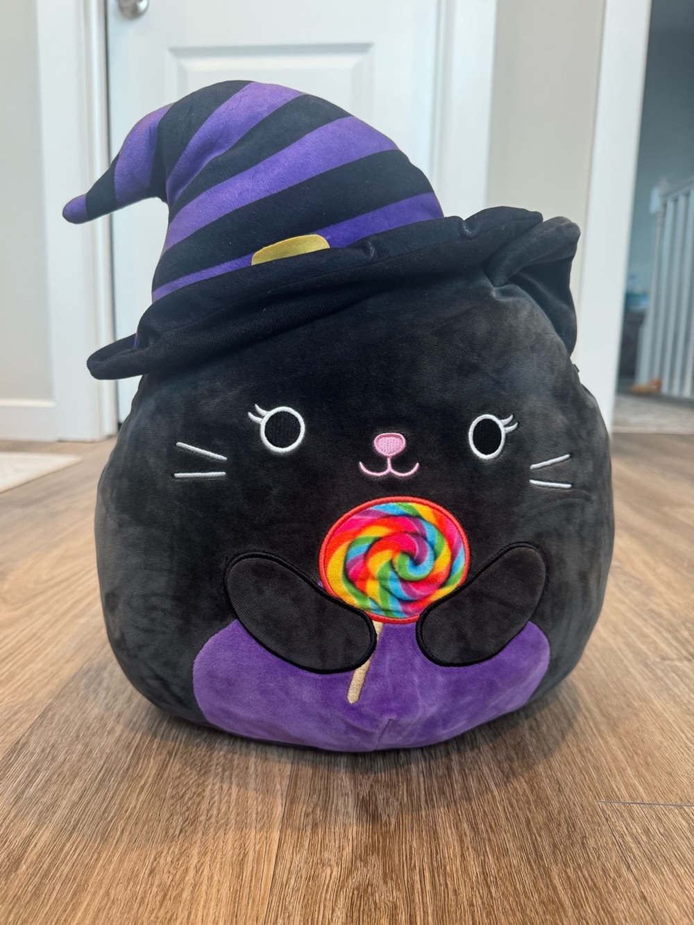 12” Squishmallows Black Cat Plush with Purple Witch Hat and Rainbow Lollipop